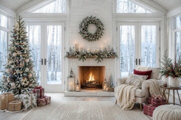 Fototapeta premium Cozy white living room with Christmas tree and fireplace