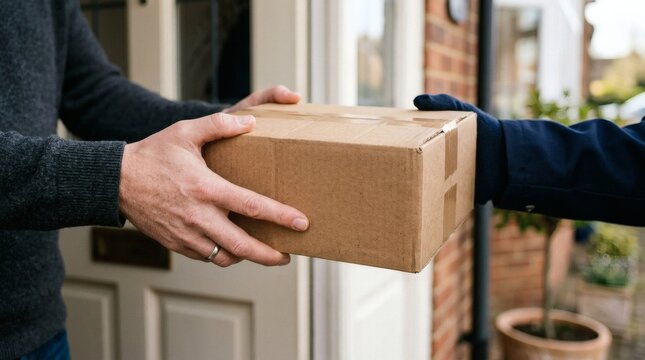 Courier delivering a cardboard parcel to a customer at a residential front door entrance
