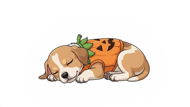 Cute puppy sleeping peacefully wearing an orange pumpkin costume during halloween celebrations in vector animation footage clip