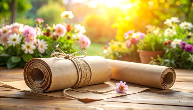 Rollos de papel kraft con cuerda sobre mesa de madera y flores al fondo