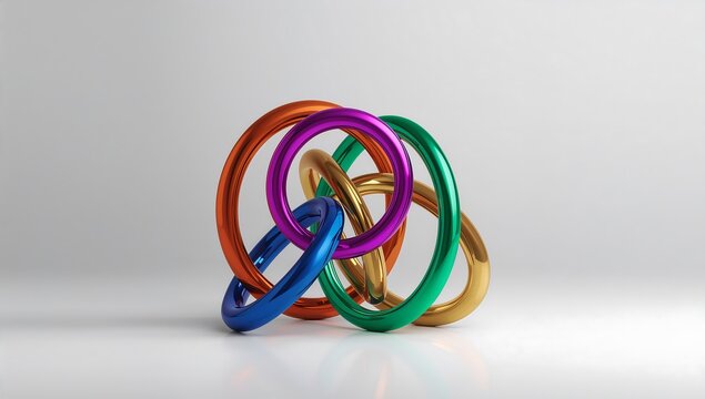 Generative AI colorful interconnected metallic rings on plain background