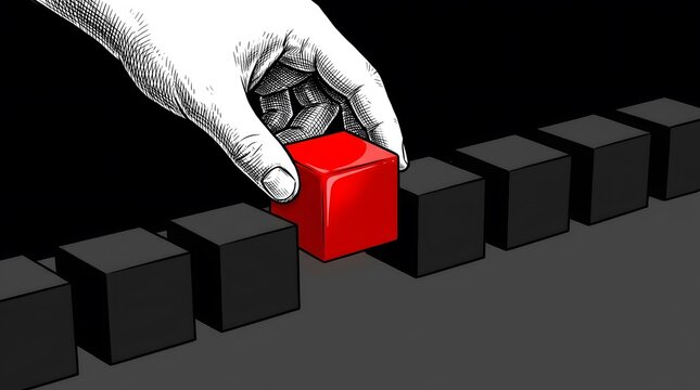Black and white hand choosing a single red square block from a row of identical blocks.
