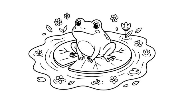Cute frog sitting on lily pad in pond for children coloring book and creative art therapy.