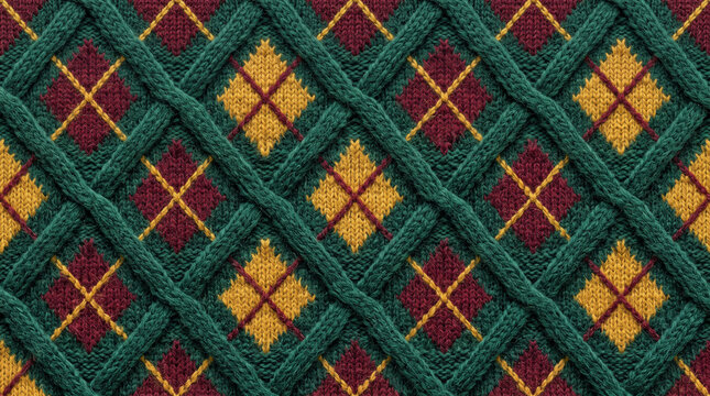 Knitted fabric pattern texture with argyle and cable knit design in green red and yellow sweater wool textile background warm winter clothing yarn fashion material woven diamond vintage retro cozy