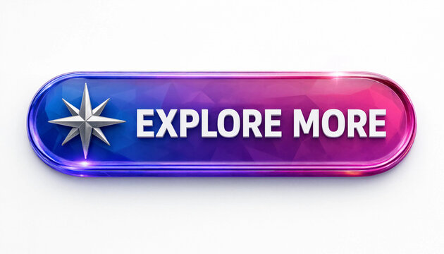 Explore more button with compass star icon on gradient purple pink background for digital interface concept