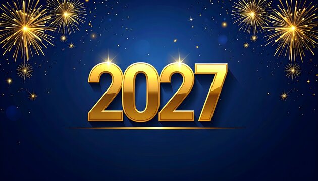 N&uacute;mero 2027 dorado con fuegos artificiales sobre fondo azul oscuro