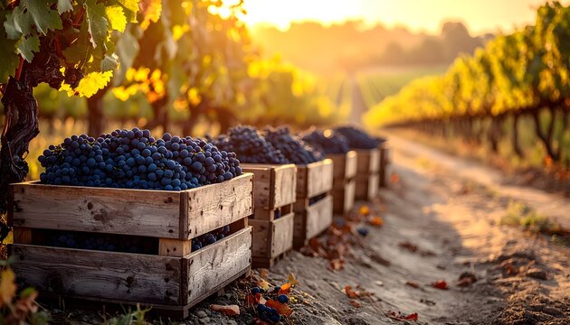 Cajas de uvas cosechadas alineadas entre hileras de vi&ntilde;edo al atardecer