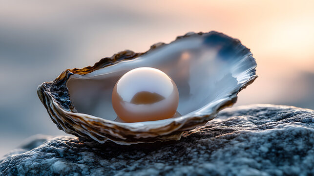 Beautiful single white pearl inside textured open raw oyster sea shell