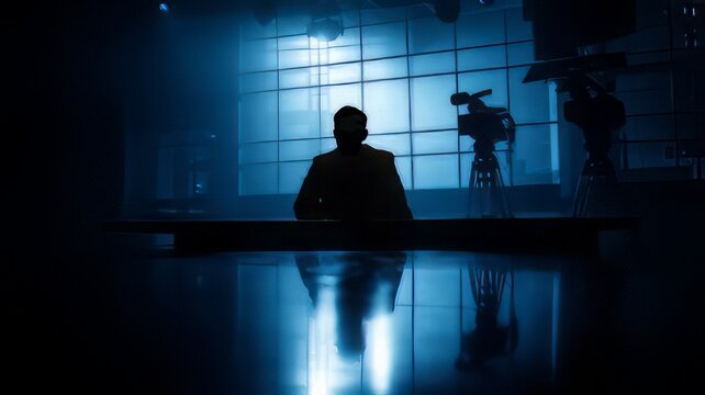 Cinematic news studio silhouette, television anchor at desk in dark blue broadcast room, professional media production set with cameras
