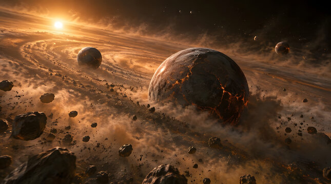 Large rocky planetoid orbiting within a dense asteroid belt in deep space.