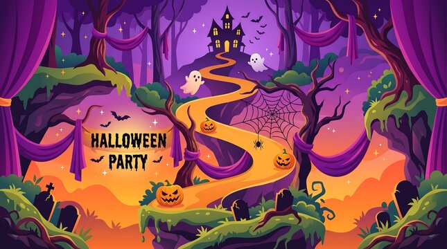 Halloween party background with haunted castle on a hill, ghosts, pumpkins, and tombstones in a magical purple forest