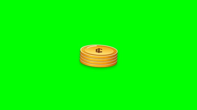 Stack of gold coins animation bouncing on green screen background