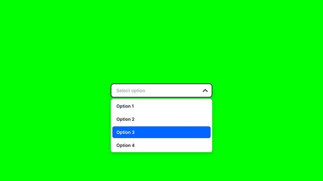 Dropdown menu selection animation with options list on green screen