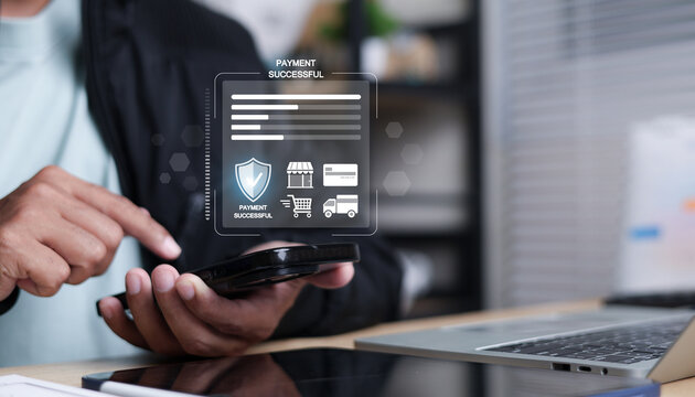 Secure mobile payment concept showing a successful digital transaction, smartphone and laptop with shield protection, online shopping, fintech,