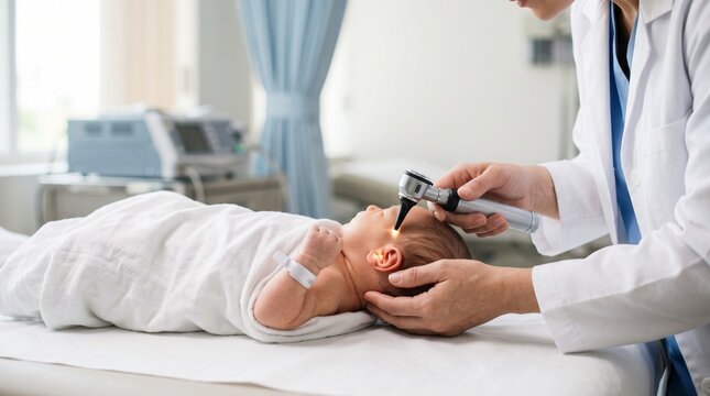 Pediatrician Examining Newborn Baby's Ear with Otoscope