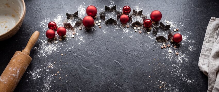 Festive baking flat lay with red baubles and star cookie cutters on dark stone background