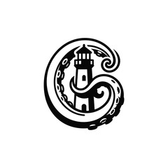 Fototapeta premium Lighthouse embraced by kraken tentacles logo design.