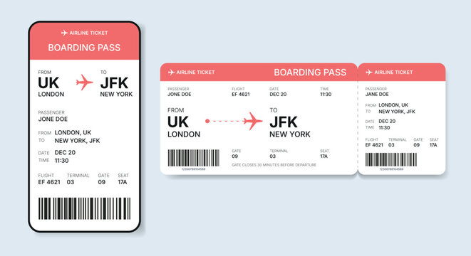 Boarding Pass Templates. Smartphone ticket and paper passes with a coral color header, barcode, and travel details. Great for branding and travel design.
