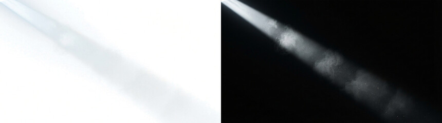 Obraz premium Cinematic Volumetric Light Beam with Smoke and Fog Texture on a Dark Black Background, Diagonal Ray of Light for Dramatic Atmosphere and Graphic Design Background Overlay.