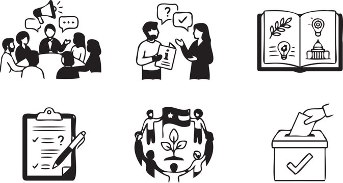 Diverse collection of monochrome vector graphic icons illustrating community engagement civic participation social interaction and modern organizational governance thematic business concepts