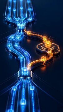Abstract Digital Circuit Pathway with Blue and Orange Data Flow, Automated Exception Handling, Glowing Connections, Precision Correction Workflow