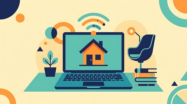 Modern Remote Work and Smart Home Technology Illustration with Laptop Home Icon Wifi Symbol and Office Workspace Elements