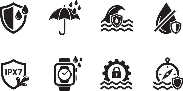 Waterproof resistance rating vector icon set featuring shields umbrellas droplets watches gears and compasses designed for modern electronic product specifications