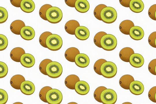 Seamless pattern featuring kiwi fruit (both whole and sliced) on a white background; suitable for fashion design, fabrics wallpaper, and all types of print projects