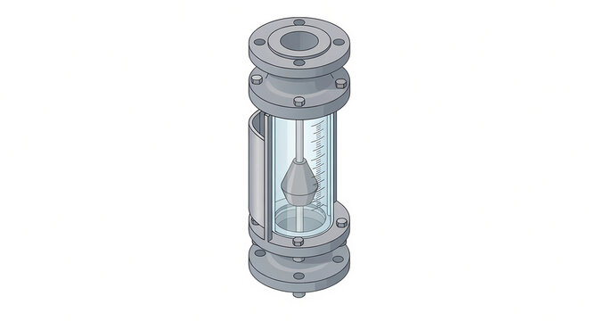 Industrial flanged variable area flow meter rotameter with internal float isolated on white background. Process instrumentation and fluid measurement hardware vector illustration