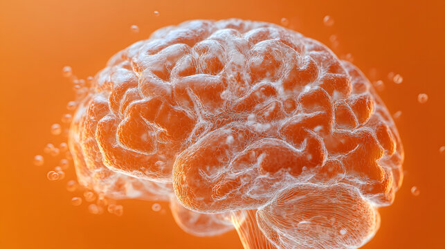 Abstract human brain model glowing with bright orange digital network matrix thoughts
