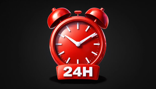 Red alarm clock with 24h label symbolizing continuous service or availability concept on black background