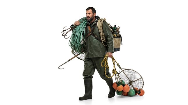 Professional deep sea fisherman carrying heavy gear and equipment on a white studio background