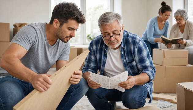 Father and son assembling furniture together from instructions in new home with family unpacking boxes nearby