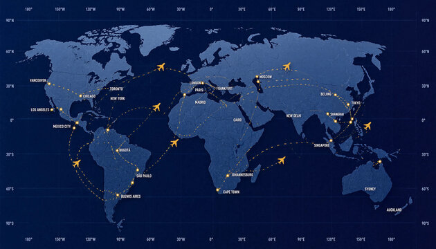 Global air travel routes map with flight paths connecting major cities across continents for international transportation concept