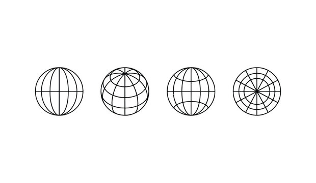 Globe set collection of four black and white line icons
