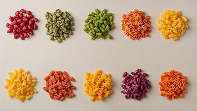 Generative AI colorful pasta arranged in two rows on plain surface