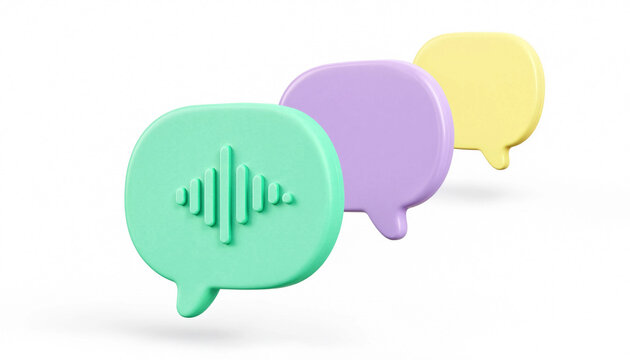 Voice message concept with colorful 3d speech bubbles and sound wave icon on white background