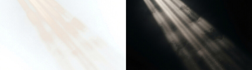 Cinematic Diagonal Light Beams Shining Through Dark Mist and Dust Particles on Black Background for Atmospheric Overlay and Professional Graphic Design Application © Ayong