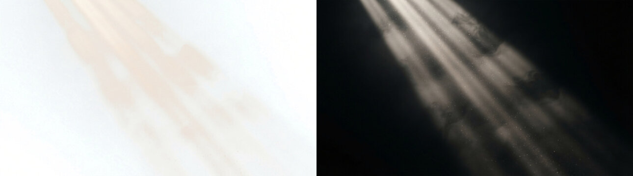 Cinematic Diagonal Light Beams Shining Through Dark Mist and Dust Particles on Black Background for Atmospheric Overlay and Professional Graphic Design Application