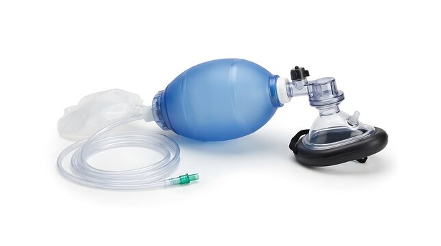 Manual resuscitator bag with oxygen mask for emergency medical ventilation and airway support