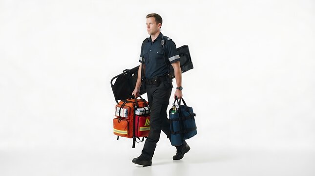 Professional paramedic walking with emergency medical equipment against a white background
