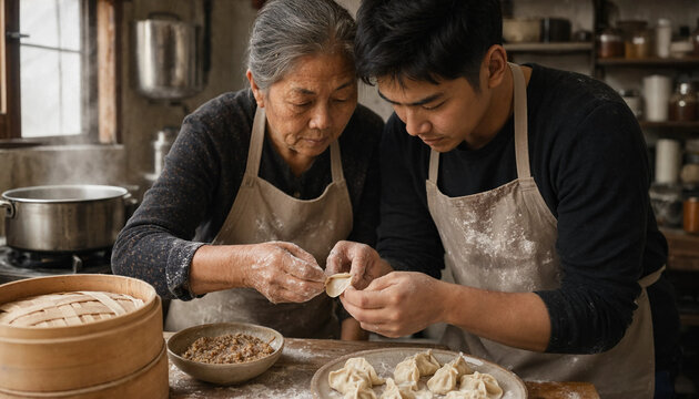 Senior woman and young man making dumplings together in rustic kitchen showing family tradition and togetherness