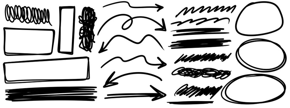 Hand drawn doodle arrow set with oval frames and scribble lines. Black marker vector direction symbol collection isolated on white background for design.