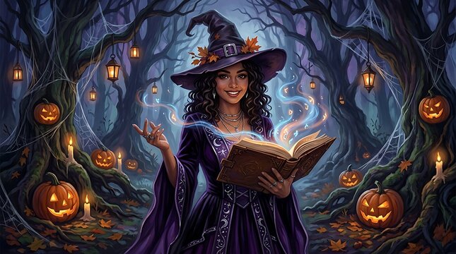 Young smiling witch casting magic spell from old book in dark forest.