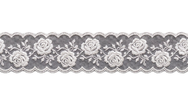 White rose lace trim with delicate floral embroidery sits on transparent background