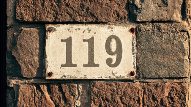 A vintage number plate sits on an aged stone wall under warm afternoon light. The texture of the wall adds character to the scene.