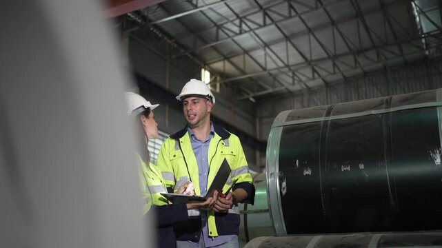 Engineers discuss inventory among stacked steel coils