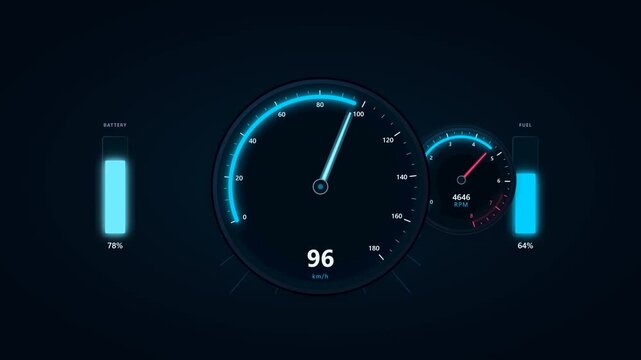 Digital Dashboard with Speedometer and Gauges in Futuristic Blue Neon Style.