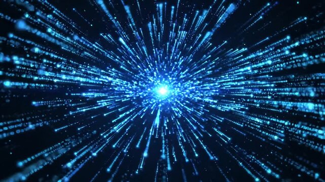 Abstract glowing cyan and blue data lines flowing from both sides and converging at a bright center point on dark navy background. Technology concept for data transfer, fiber optic, network