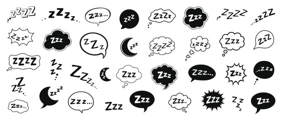 Fototapeta premium Sleep zzz icon. Snore bubble with cartoon cloud, line emoji for dreamy and relaxed vector set. Hand drawn bed and nap symbol for insomnia, bedtime app. Slumber, deep rest message 